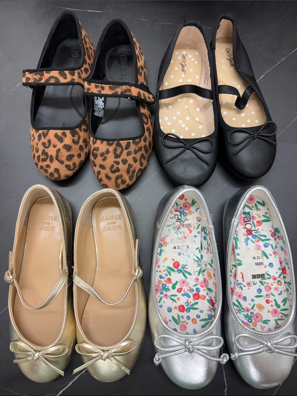 Girls Flats Lot of 4- gold, silver, cheetah and black- Girls winter dress flats